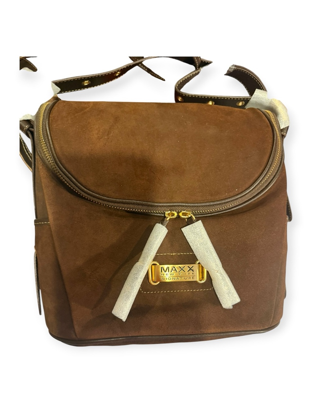 Maxx New York Brown Suede Messenger Backpack with Gold Accents